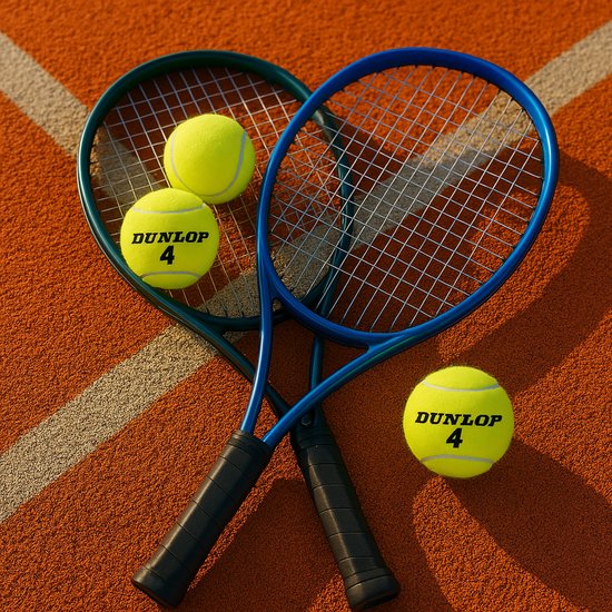 Twee tennisrackets, groen en blauw, met drie gele Dunlop tennisballen met "Dunlop 4" erop.