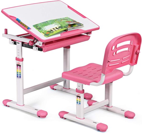 COSTWAY Kinder bureau en stoel set, in hoogte verstelbare kinder bureau set met kantelbaar bureaublad, uitschuifbare lade, school student bureaustoel voor jongens & meisjes (Roze)