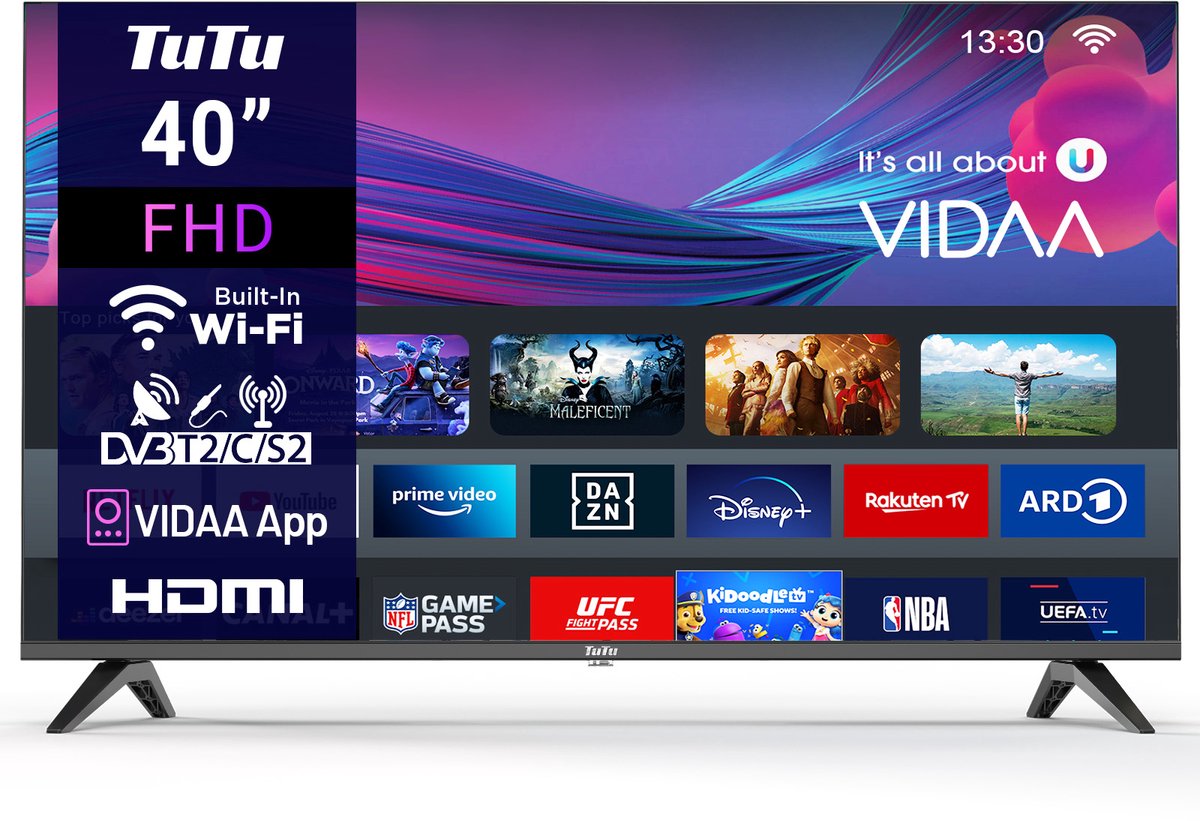 TuTu VIDAA TV - LED Full HD - 40 inch/102 cm - Frameless Design - Tripple Tuner DVB-T/T2/S/S2/C - HDMI x3, USB x2, CI+ - Streaming apps - In Eindhoven geassembleerd - TUV40FQ1