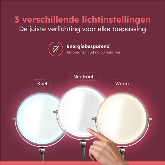 Fraay spiegel met 3 lichtinstellingen: koel, neutraal en warm licht. Energiebesparend, automatisch uit na 30 min.