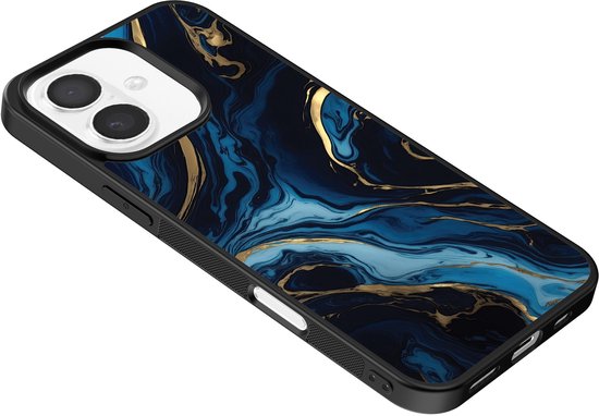Smartphonica Phone Case Convient pour iPhone 16 avec imprimé marbre - Coque arrière en TPU Design marbre bleu doré - Blauw Or adapté pour iPhone 16