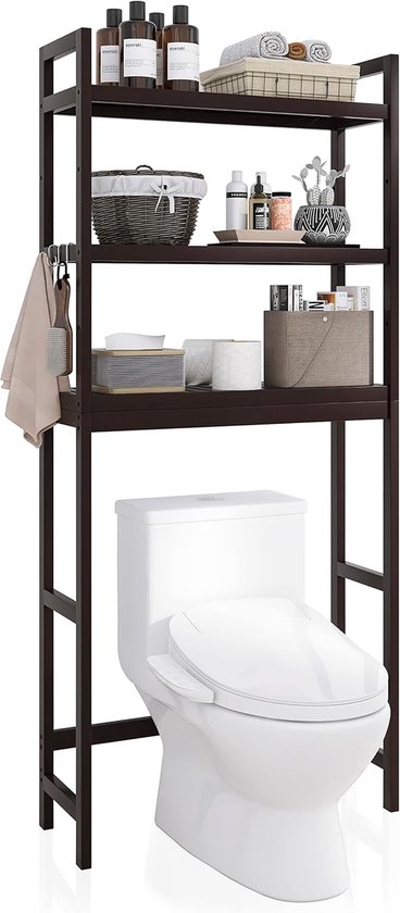 SMIBUY Badkamer opbergplank met kast, bamboe opbergrek voor boven het toilet, vrijstaand toilet ruimtebesparend met 3-laags verstelbare planken (walnoot