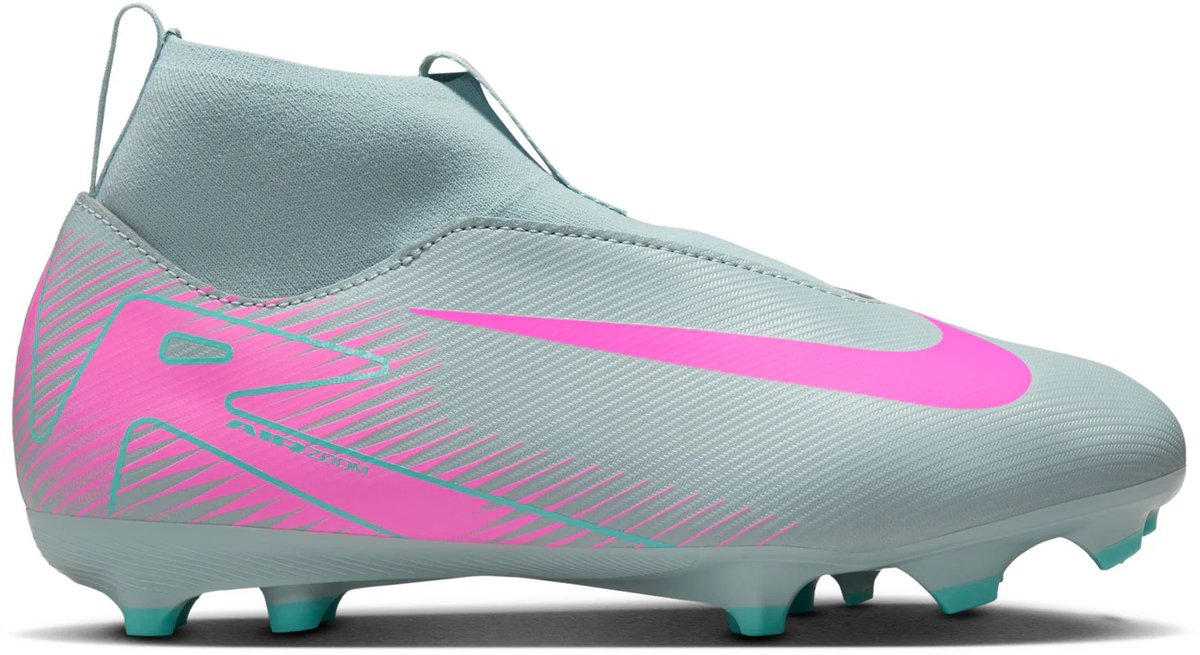 Nike Mercurial Superfly 10 Academy Junior voetbalschoenen, laceless, lichtgrijs met roze details en verbeterde Air Zoom unit.