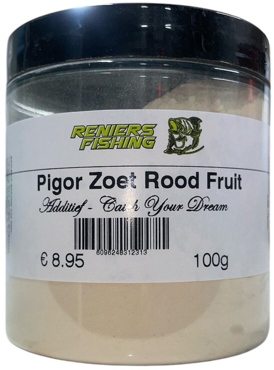 Pot d'additif Reniers Fishing Pigor Zoet Rood Fruit, 100g. Poudre jaune clair.