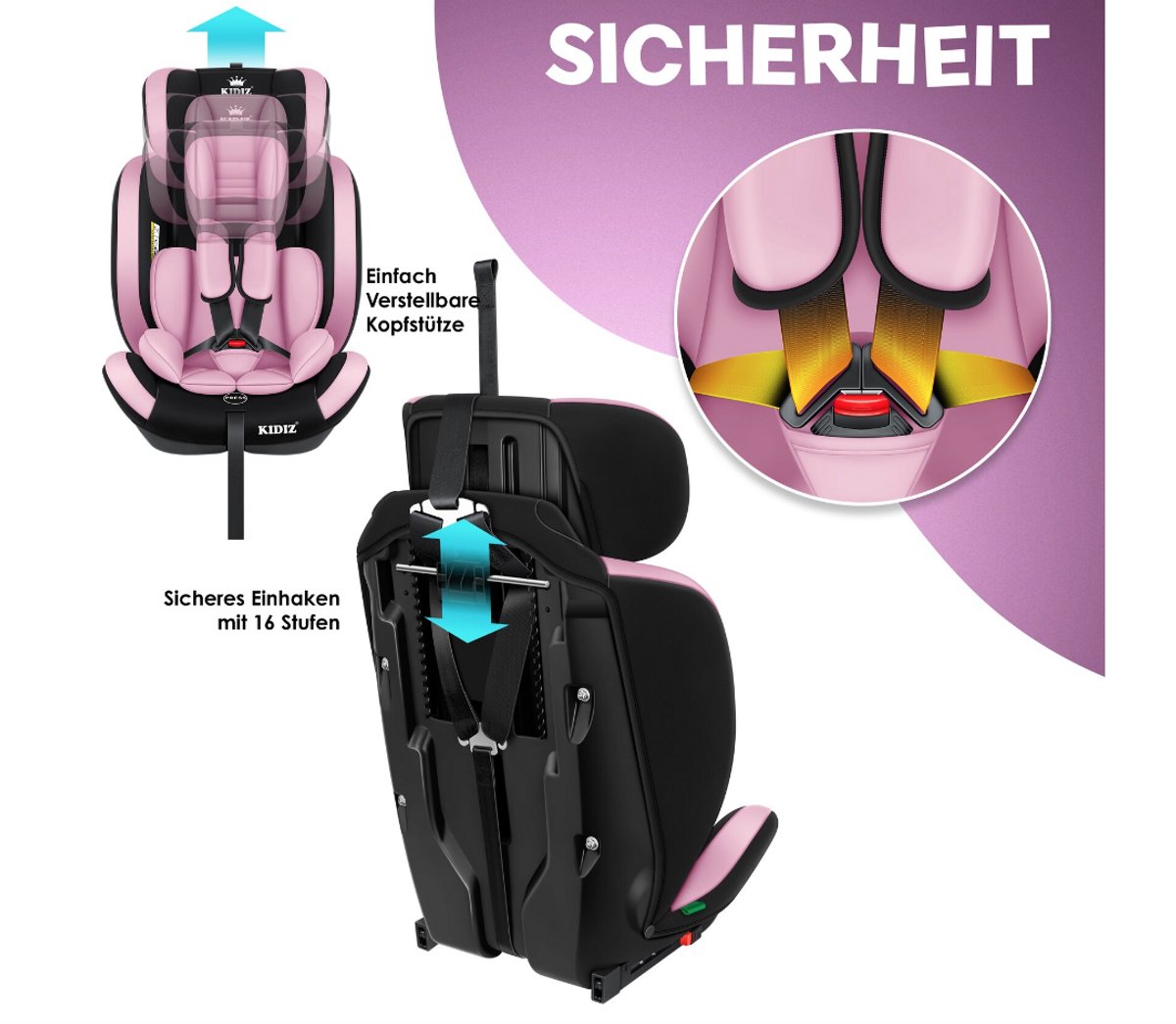 KIDIZ Premium Kinderautostoel Groep 1+2+3, 9-36 kg, 5-punts veiligheidsgordel, auto thumbnail 2