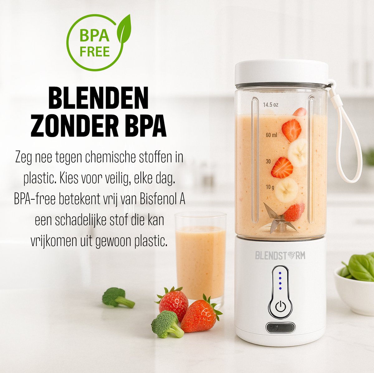 BlendStorm® Draagbare Blender - Draadloze Blender - Draadloos - Blenders - Blender To Go - 6 Mesjes - Mini Blender - Smoothie Maker - Juicer - Keukenmachine - USB Oplaadbaar - 500 ml - Wit – foto 2