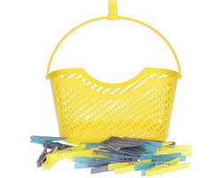 24x gekleurde wasknijpers in hangmandje - geel - kunststof - 17 x 19 x 11.5 cm - wassen - ophangen - knijpers