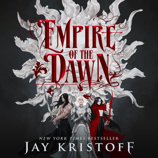 Boekomslag 'Empire of the Dawn' met drie figuren: een man met lang zwart haar en zwaard, een vrouw in harnas, en een vrouw in rode gewaad met pijl en boog.