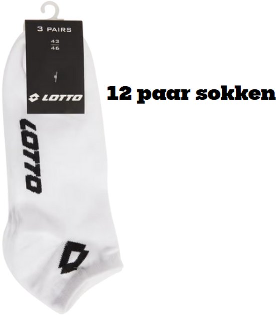 Witte Lotto sneakersokken met zwarte Lotto-letters en logo. 12 paar.