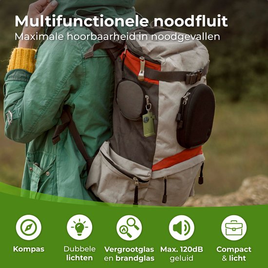 Vrouw met rugzak; multifunctionele noodfluitje met kompas, dubbele lampjes, vergrootglas, brandglas en 120dB geluid.