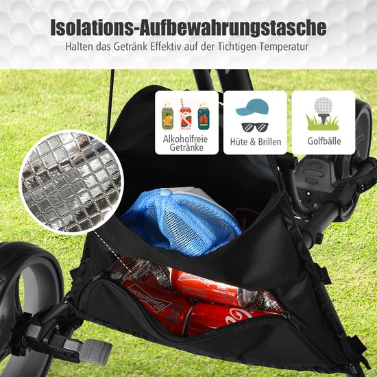COSTWAY 3 Wielen Golf duwkar, Snel vouwen Golf Lopend Duwkar, Golftas Houder Met Tin Folie Gecoat Opbergtas, Elastische Riem, Verstelbare Paraplu & Beker Houder, Scorebord Opbergvak & Voetrem, Golftrolley voor Golfclubs — afbeelding 4