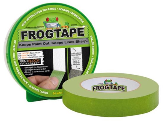 Groene FrogTape schilderstape rol met groene dispenser en rode kikker logo.