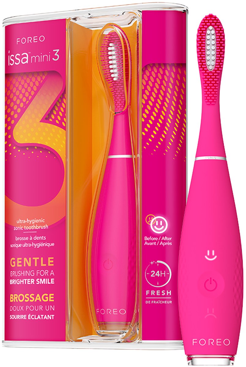 FOREO ISSA mini 3 Ultra-Hygiënische 4-in-1 Siliconen Sonische Elektrische Tandenborstel, Tong- & Wangreiniger, Tanden Bleken, Reisaccessoires, Waterdicht, 265 Dagen/USB-lading, 2 Jaar Garantie, Wild Strawberry