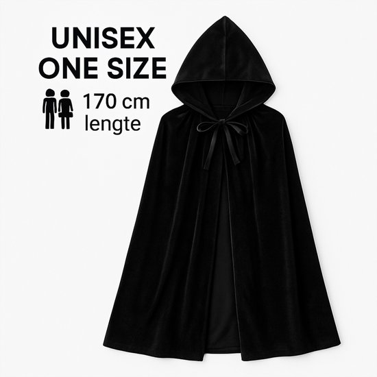 Cape noire en velours unisexe, taille unique, avec capuche, nœud et 170 cm de long.