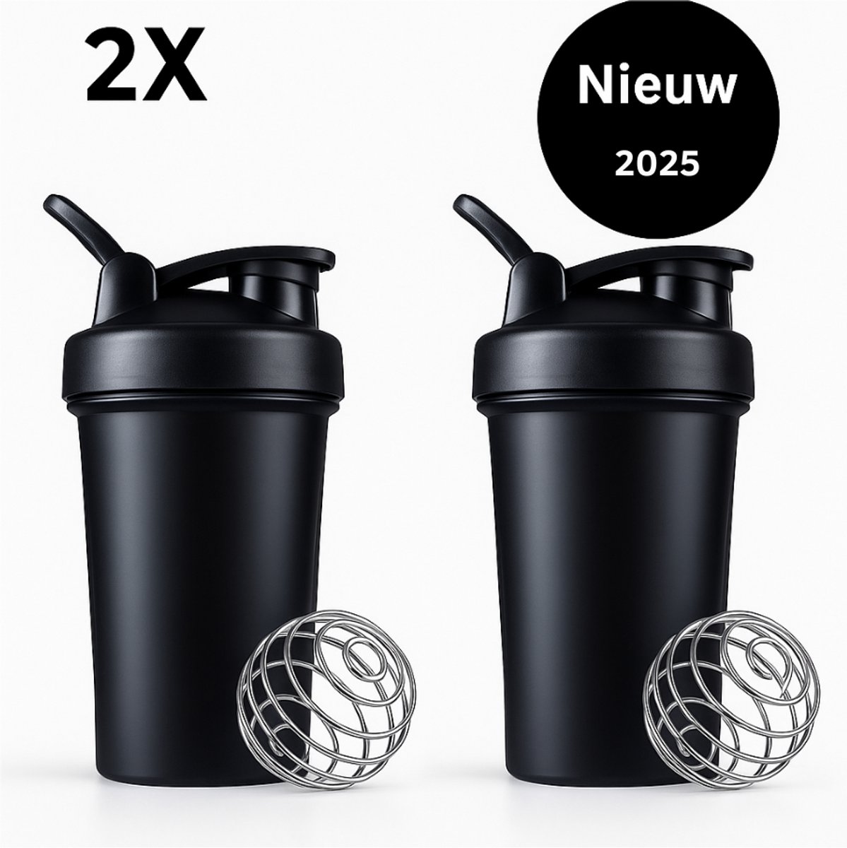 Goedkoopste 2x Narvie Shake Beker 600 ML Eiwitshaker - Fitness Sport Shake Smoothie Beker Fles Bidon - met bal - Donker grijs