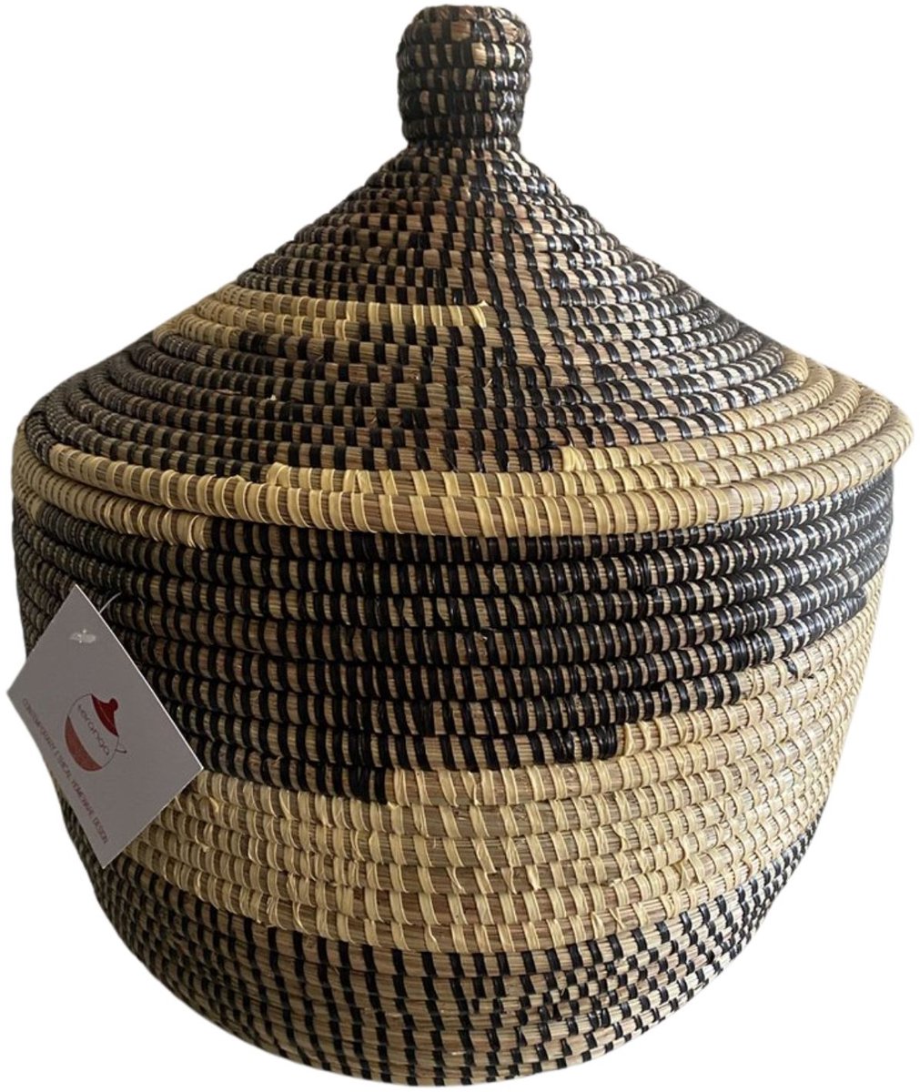 Teng bruin/wit opbergmand met deksel - 30x28 cm - Handgemaakt