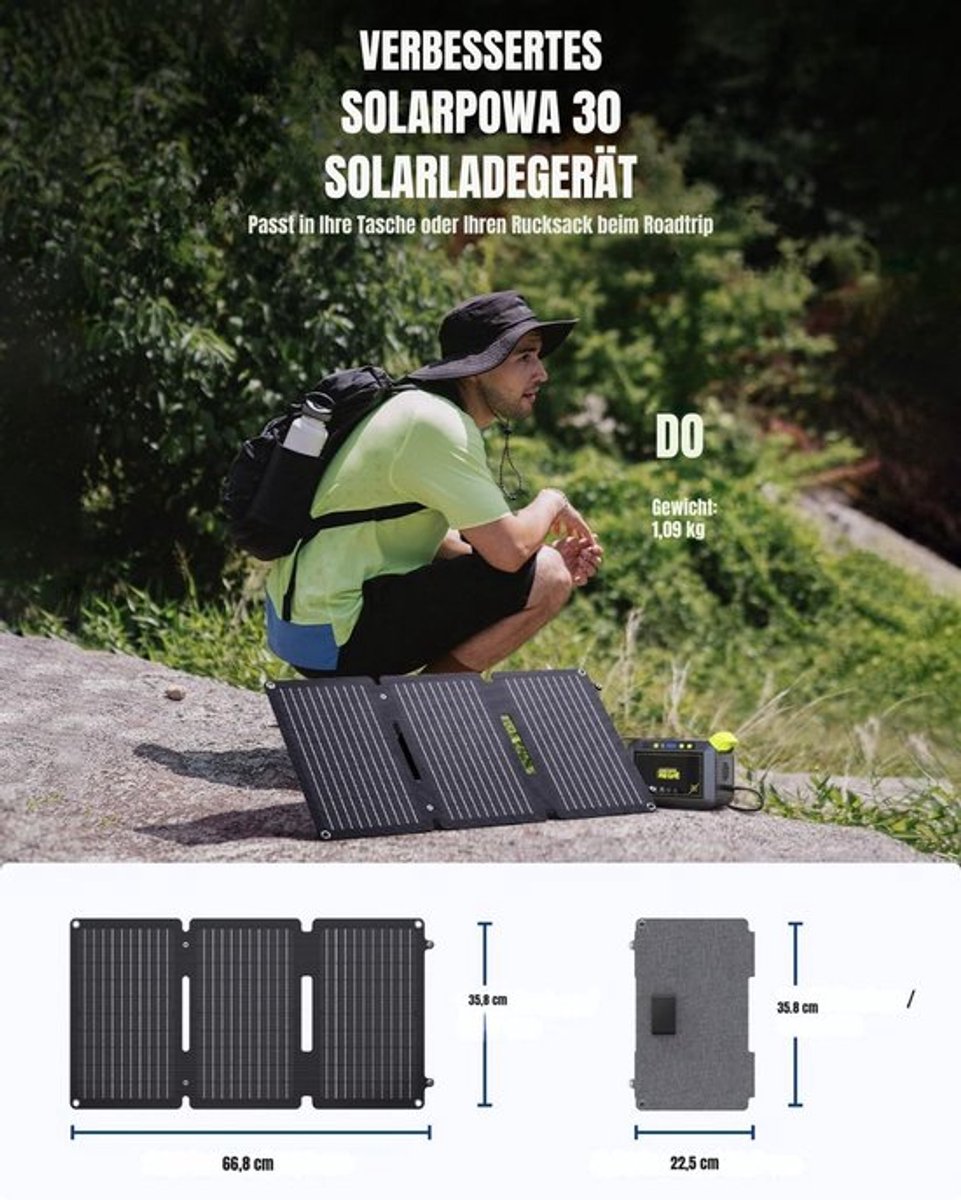 Luxe Draagbaar Zonnepaneel – Solar Charger – Opvouwbaar Zonnepaneel – IP65 Waterdicht – Powerbank – Zwart – foto 7