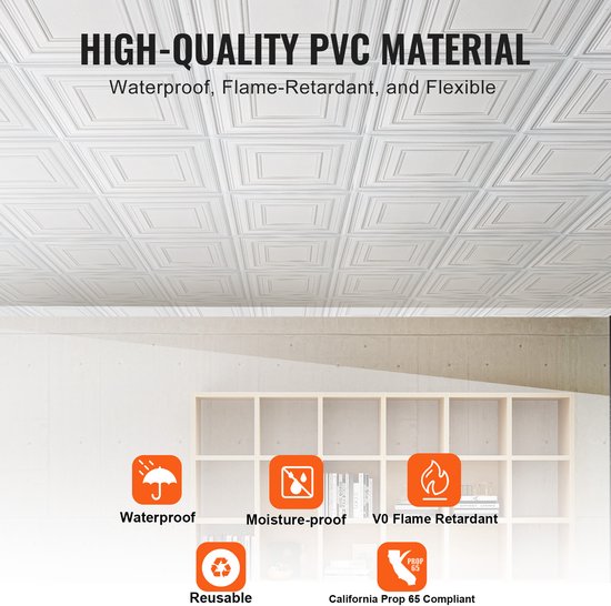 Set van 30 zelfklevende pvc-plafondtegels voor de badkamer, plafondtegels, decoratieve plafondtegels, geen spijkers nodig, wasbaar, wit Set van 30 zelfklevende pvc-plafondtegels voor de badkamer, plafondtegels, decoratieve plafondtegels, geen spijkers nodig, wasbaar, wit