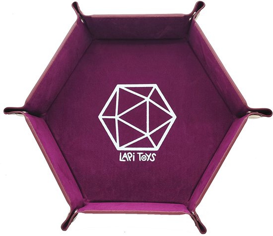 Een geopend paars dobbelsteenbakje met aan de binnenkant een wit geometrisch patroon en logo.
