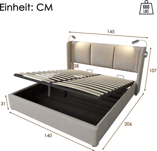 Opbergbed 90 x 200 cm met opbergruimte - linnenstof - lattenbodem