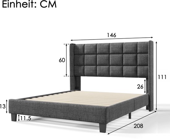 Lit capitonné Lit double 140x200cm - Tête de lit capitonnée, lin, gris, sommier à lattes (sans matelas)