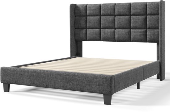 Lit capitonné Lit double 140x200cm - Tête de lit capitonnée, lin, gris, sommier à lattes (sans matelas)
