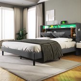 Lit double capitonné 160x200cm - Tête de lit rangement, éclairage USB & LED, sommier à lattes bois (sans matelas)