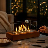 Double T Concept® Juno Walnoot - Brand Tot Wel 150 Minuten - Bio Ethanol Sfeerhaard - Tafelhaard - Vuurkorf - Terrashaard - Verwarming - Natuurlijk Hout - 40x16x21cm