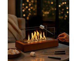 Double T Concept® Juno Walnoot - Brand Tot Wel 150 Minuten - Bio Ethanol Sfeerhaard - Tafelhaard - Vuurkorf - Terrashaard - Verwarming - Natuurlijk Hout - 40x16x21cm