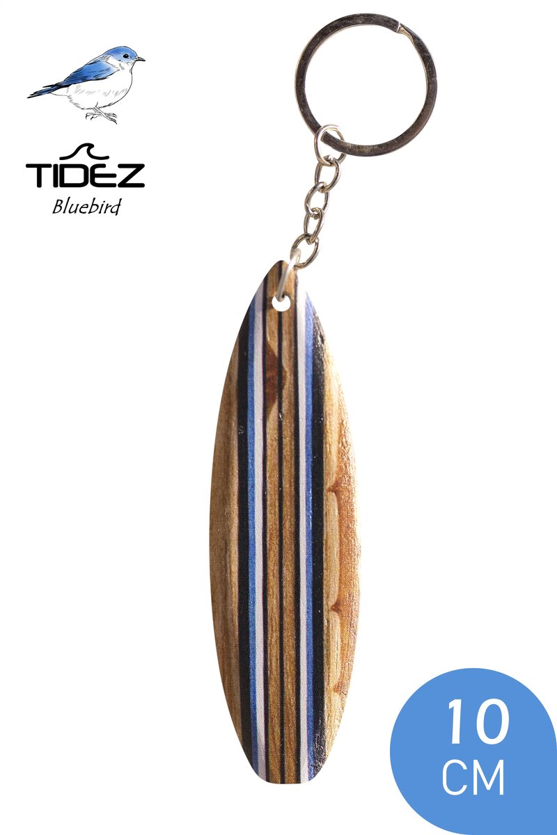 Tidez Surfplank Sleutelhanger - Houten Surfplank Sleutelhanger - Surfboard Sleutelhanger - Bluebird 10cm