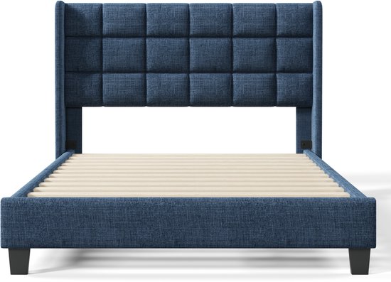 Lit capitonné Lit double 140x200cm - Tête de lit capitonnée, lin, bleu, sommier à lattes (sans matelas)