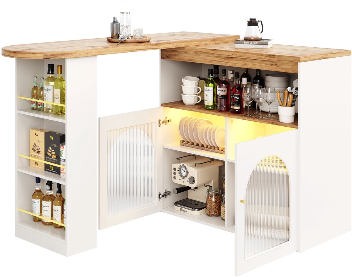 Merax 138-193 x 39 x 105 cm Moderne Uitbreidbare Bartafel - Tafel met Opslagruimte en LED Lichtstrip - Draaibare Bistrotafel voor Eetkamer - Woonkamer en Bar - Wit