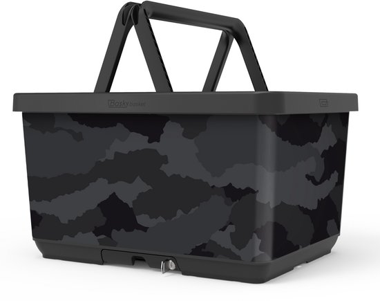 Zwarte Basky-fietsmand met camo-patroon en handvatten.