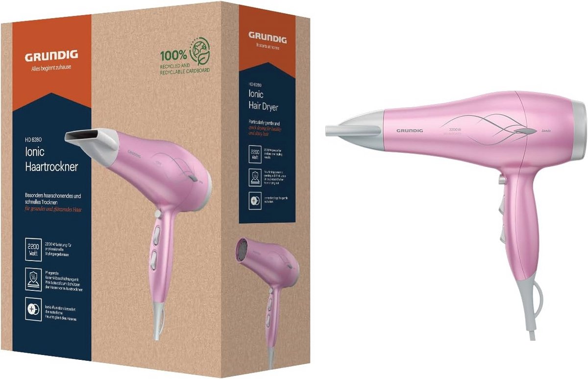 HD Föhn 2200W met Ionenfunctie en Keramische Coating - Stylen met Roze Lotusolie