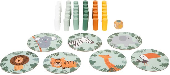 Un jeu avec 7 cartes d'animaux de la savane, 28 bâtonnets en bois de 5 couleurs et un dé.