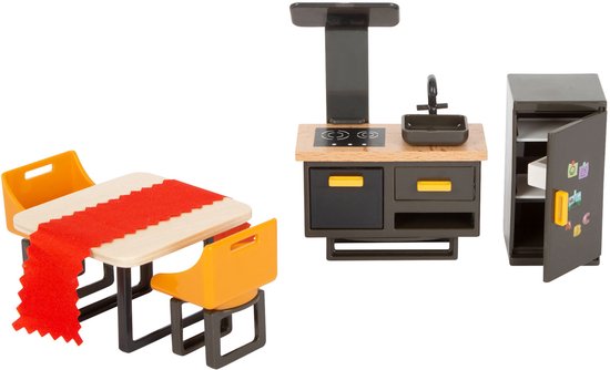 Houten keukenset met tafel, stoelen, fornuis en koelkast.