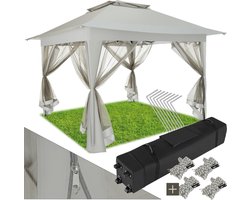 tectake® Tuinpaviljoen met waterafstotend dubbel dak - UV-bescherming - Afmetingen (LxBxH) 364 x 364 x 294 cm - Vouwpaviljoen - 4 klamboe zijpanelen - Opvouwbaar - Inclusief transporttas op wielen - Lichtgrijs