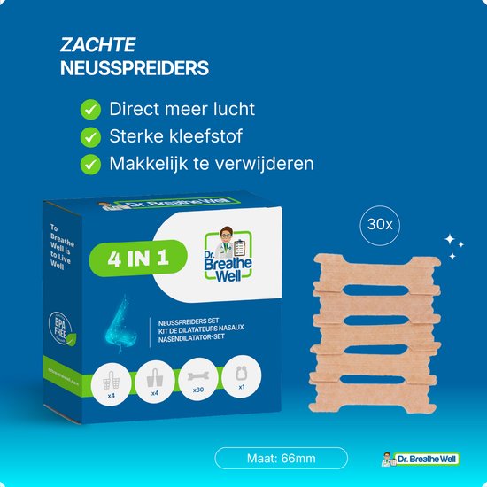 Dr. Breathe Well ™ - Compleet 4 in 1 Anti Snurk Neusspreider Pakket - 30x Neuspleisters medium/large - 4x Zachte neusspreiders - 4x Stevige neusspreiders - 1x Neusklem met magneet - Simply the right choice!