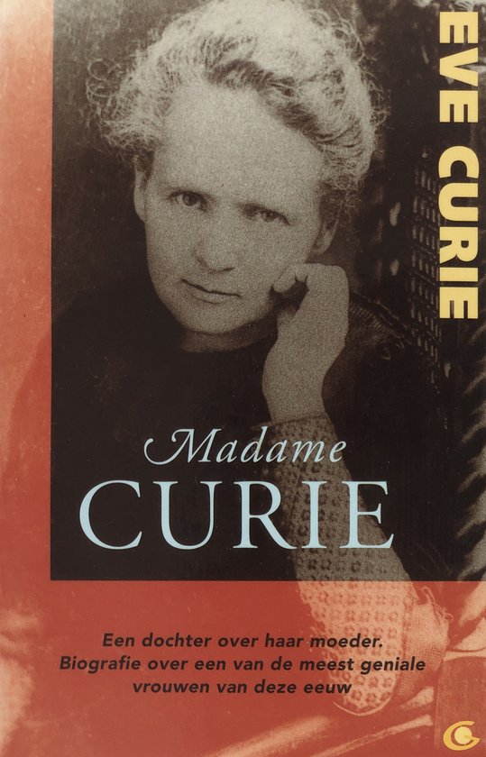 Portret van Madame Curie, met de tekst 'Madame Curie' en 'Eve Curie'.