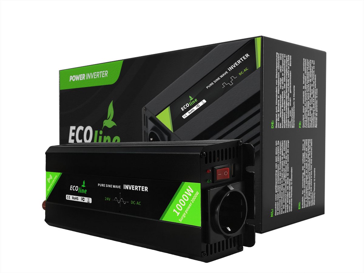EcoLine - Omvormer 24V Naar 220V/230V - 1000w Vermogen - Zuivere sinus - Auto omvormer - Remote Controlled.