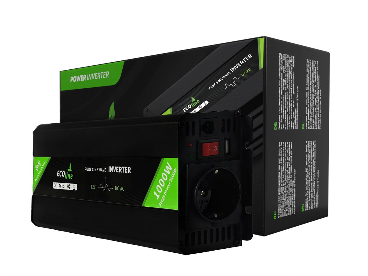 EcoLine - Omvormer 12V Naar 220V/230V - 1000w Vermogen - Zuivere sinus - Auto omvormer - Remote Controlled.