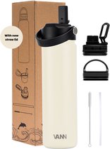 VANN® 3-Wandige RVS Drinkfles 650 ML met rietje voor volwassenen – Met 5 accessoires – bidon – 24 uur koud/12 uur warm – Off White – VANN ULTIMATE BOTTLE®