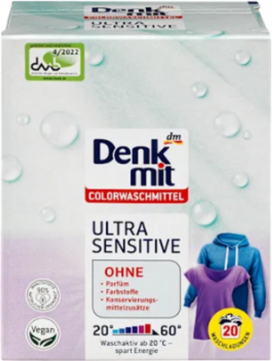 Denkmit Kleurwasmiddel Poeder Ultra Gevoelig | 1x 1,35kg - Zonder parfum, kleurstoffen, conserverende toevoegingen | Geschikt voor mensen met allergie