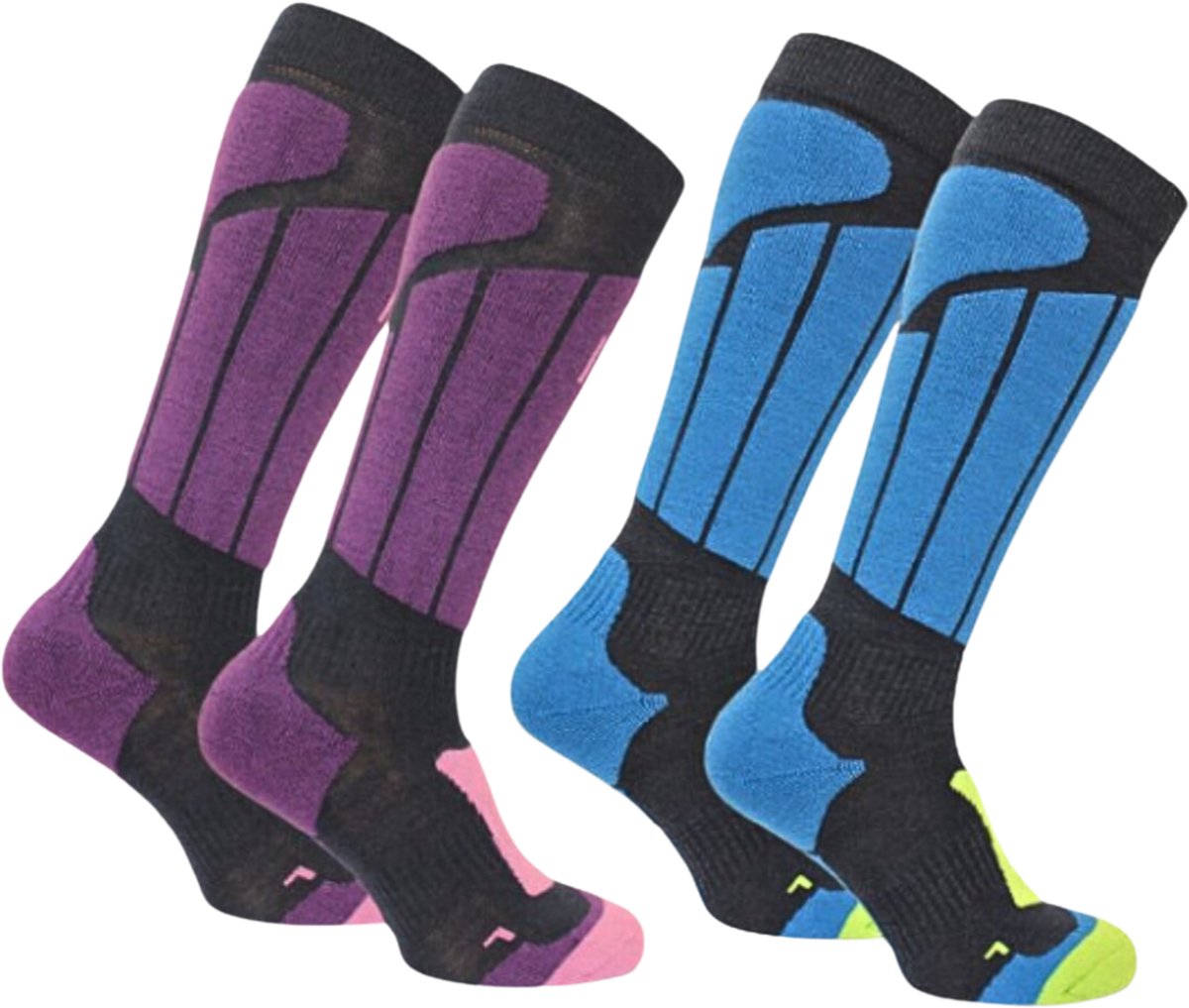 Norfolk Skisokken - 2 Paar - Merino wol Climayarn - Schokabsorptie Zonedemping - Zacht, Warm en Droog - Maat 39-42 - Paars/Blauw - Aspen
