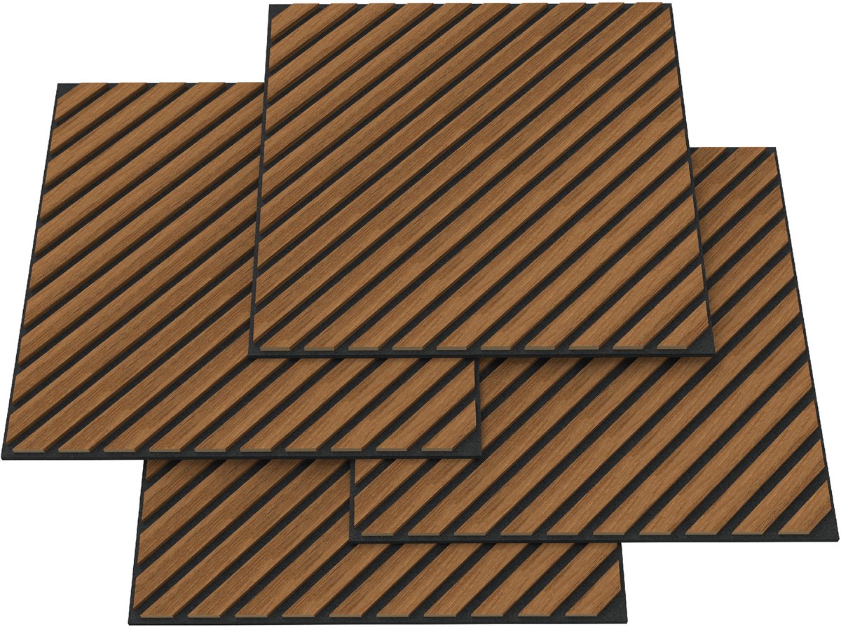 Akoestisch wandpaneel Vang 4-delig set 1,44 m² diagonaal teak 60x60 cm NEU.HOLZ