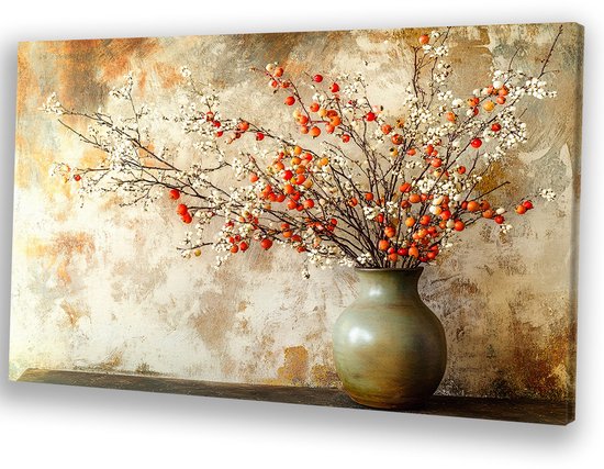 Canvas schilderij met een vaas gevuld met bloesemtakken, oranje en witte bloemen, tegen een verweerde achtergrond.