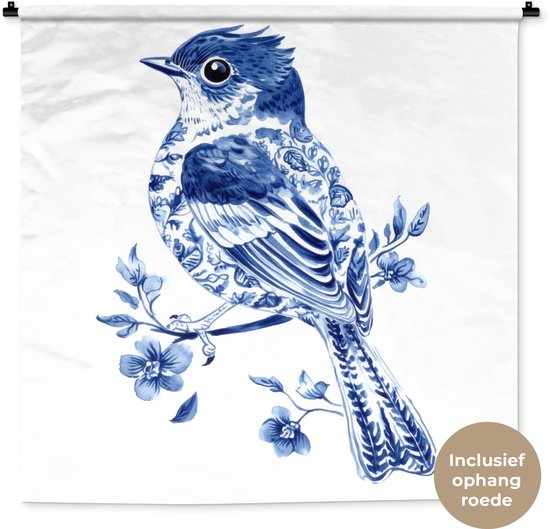 Wandkleed 150x150 cm - Wanddoek Vogel - Delfts blauw - Illustratie - Bloemen - Wandtapijt - Wandkleden