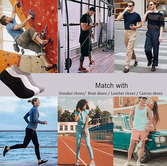 Collage met diverse activiteiten en outfits, met drie onzichtbare sokken in wit, grijs en zwart.