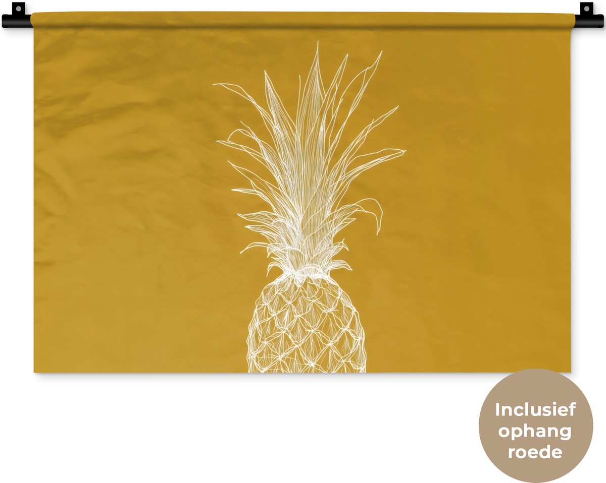 Wandkleed 60x40 cm - Wanddoek Lijnillustratie - Ananas - Bladkroon - Okergeel - Wandtapijt - Wandkleden