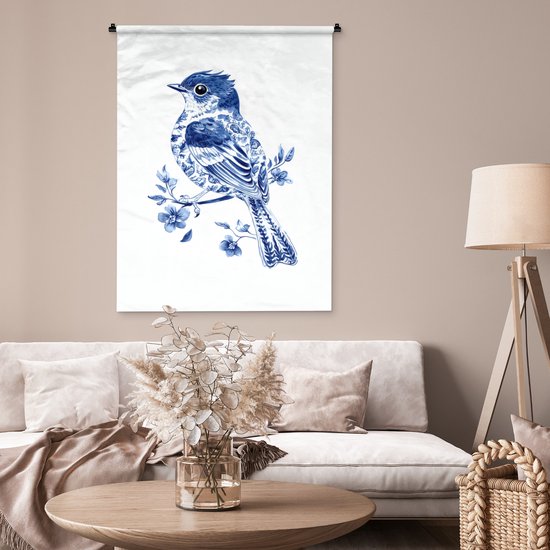 Wandkleed 90x120 cm - Wanddoek Vogel - Delfts blauw - Illustratie - Bloemen - Wandtapijt - Wandkleden